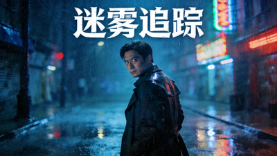都市悬疑剧《迷雾追踪》海报，主角在雨夜街道上回头凝视