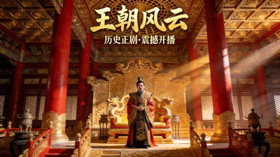 古装历史剧《王朝风云》海报，宫廷大殿与身着华服的演员