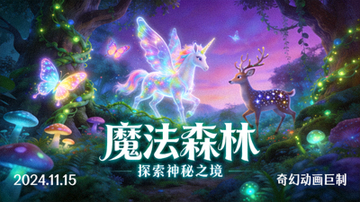 奇幻动画电影《魔法森林》海报，色彩斑斓的魔法生物与森林