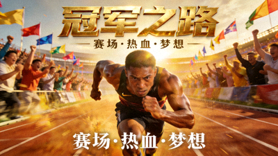体育励志电影《冠军之路》海报，运动员在赛场拼搏的瞬间
